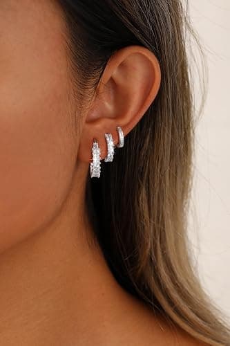 CAROVO 3 Pairs Gold/Silver Hoop Earrings for Women Trendy Dainty 14K Gold Plated Cubic Zirconia Stud Earrings Huggie Hoop Earrings Stack for Multiple Piercing Jewelry thumbnail 2