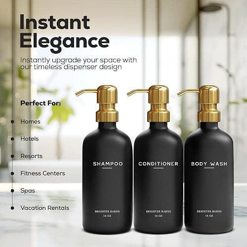 Luxury Shampoo and Conditioner Dispenser Set by Brighter Barns - Black and Gold Shower Soap Dispenser Set - Refillable Body Wash & Shampoo Bottles - Luxury Bathroom Decor for Spa, Airbnb (Black Gold) thumbnail 3
