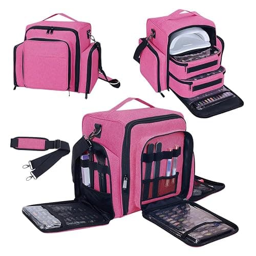 YAHOURWAT Nail Polish Organizer Holds 60 Bottles and a Nail Lamp,Portable Travel Case with 2 Removable Bags and Tools Storage Pockets Rose Red thumbnail 8