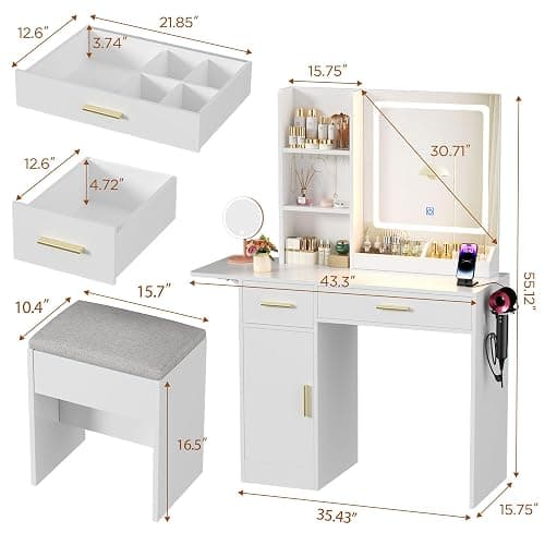 ERLEJIA Vanity Desk with Mirror and Lights & Extral Foldable Desk, 31.5" & 39.3" Makeup Vanity Table with 4 Drawers and 3 Open Shelves, Dressing Table for Bedroom, White thumbnail 2
