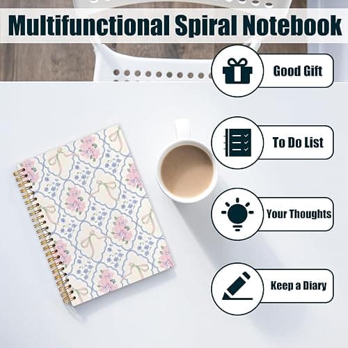 ZOFGUO Grandmillennial Pink and Blue Floral Spiral Notebook Journal, Coquette Bow Grandmillennial Flower Journal Notebooks for Note Taking, Chinoiserie Floral Hardcover Notebook, 5.5x8.3 Inch thumbnail 5