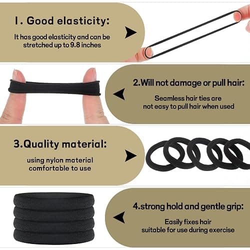 Obeoby 100PCS Hair Ties for Thick Hair, Seamless Nylon Elastic Ponytail Holders, Bulk Black Hair Bands & Elastics for Women Girls thumbnail 3