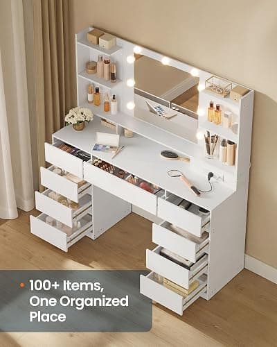 SONGMICS HOME Vanity Desk with Mirror and Lights, Makeup Vanity Table with Power Outlets, 9 Drawers Storage Dressing Table for Bedroom, White thumbnail 5
