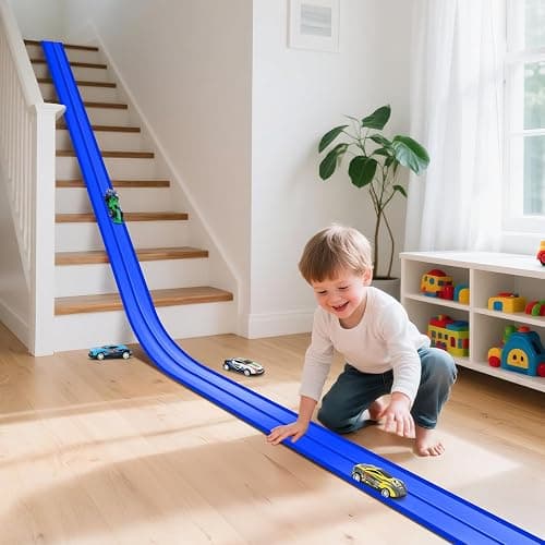 KETIEE Flex Tracks 16Ft for Kids: Flexible Race Car Ramp Track with 4 Small Racecars and 8 Suction Cups Compatible with Diecast 1/64th Cars, Rolls Up Portable Racetrack for Ages 3 & Up thumbnail 2