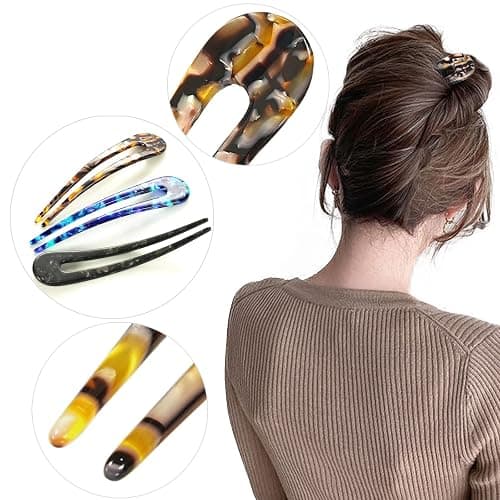 HYFEEL French Hair Forks Tortoise Shell U Shape Updo Hair Pins Clips for Thin Thick Hair, Long Classic 2 Prong Bun Hair Sticks Chignon Women Vintage Hairstyle Accessories, 3 Pack (Blue Brown Black) thumbnail 5