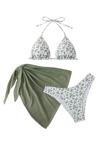 SHENHE Women's 3 Piece Polka Dots Floral Bikini Set with Wrap Coverup Halter Triangle Swimsuits - Image 1