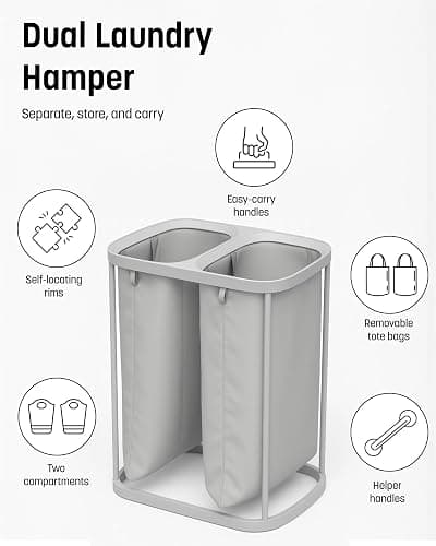 Keplin Collapsible Double Laundry Basket with Lid & Removable Liner – 150L 2-Compartment Clothes Sorter, Fabric Laundry Hamper with Handles, Easy Assembly, Stylish Storage for Home, 56x40x67cm, Grey thumbnail 7