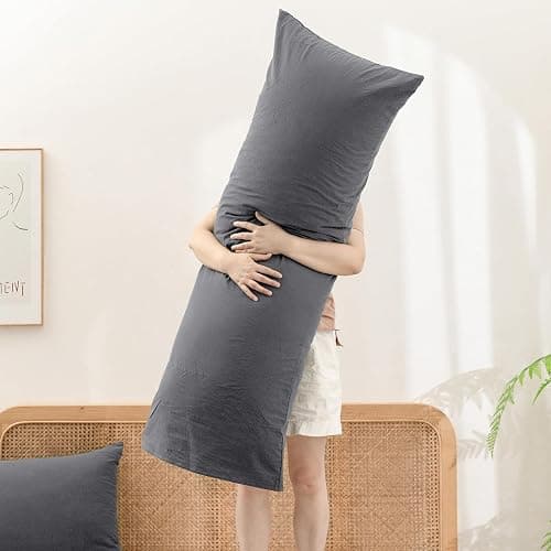 BESTOUCH 100% Washed Cotton Pillowcase for Hair and Skin Linen Feel Soft Comfortable Breathable 1 Pcs Pillow Case with Envelope Closure Solid Quiet Shade Grey Body 20x54 Inches thumbnail 5