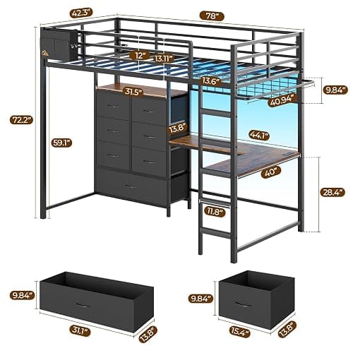DICTAC Twin Loft Bed with L-Shaped Desk and 7 Storage Drawers,Metal Twin Size Loft Bed for Kids with LED Lights and Charging Station,13.11" H Safety Guardrail and Ladder,No Box Spring Needed, Black thumbnail 2