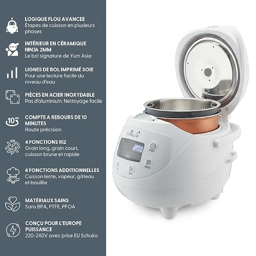 Yum Asia Panda Mini cuiseur à riz avec bol en céramique Ninja et logique floue avancée (3,5 tasses, 0,63 litre) 4 fonctions de cuisson du riz, 4 fonctions multicuiseur, 220-240V (Arctic White) thumbnail 4