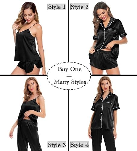 SWOMOG Womens Silk Satin Pajamas Sets 4pcs Sleepwear Sexy Cami Shorts Set and Button Down Short Sleeve Pjs Loungewear thumbnail 2