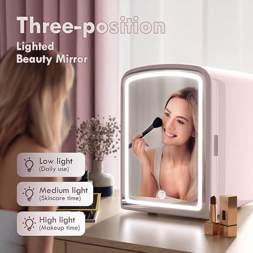 COYCYQI 4L Mini Skincare Fridge with Dimmable LED Mirror, Portable Beauty Refrigerator for Makeup, Cosmetic, Personal Small Refrigerator with Cooler and Warmer for Bedroom, Office and Car(Pink) thumbnail 3