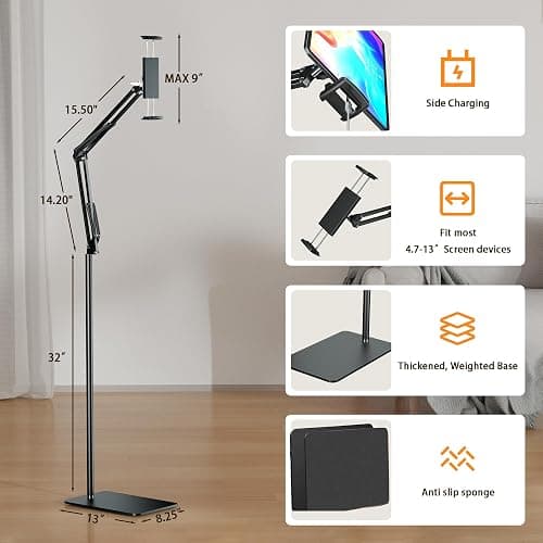 Tablet Floor Stand & Kindle Holder, Overhead Bed Reading Stand with 360° Rotatable Clamp and Height Adjustable Flexible Long Arm, Compatible with Kindle, iPad mini/Air/Pro, and 4.7-14 Inch Devices thumbnail 9