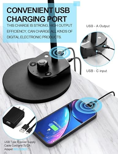 BOHON LED Desk Lamp with USB Charging Port 3 Color Modes Dimmable, Black | Reading Light Intelligent Induction Auto Dimming Task Lamp Neck Flexible Table Lamp for Bedside Office, AC Adapter Include thumbnail 4