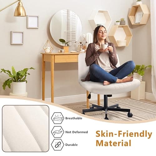 Criss Cross Chair with Wheels, Cross Legged Office Vanity Chair with Wheels, Comfortable Beige Vanity Chair with Back, Armless Fabric Adjustable Wide Swivel Criss Cross Desk Chair for Home Office thumbnail 3