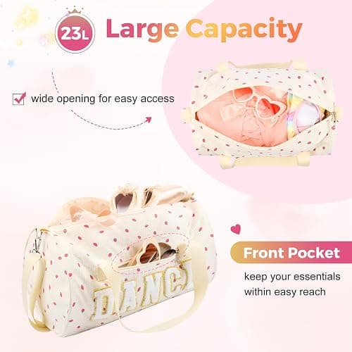 Dance Bag for Girls, KUIRAN 23L Waterproof Travel Duffel Bag with Colorful Chenille Letter, Lightweight Small Gym Sport Ballet Weekender Bag with Large Main Compartment - Strawberry/White thumbnail 4