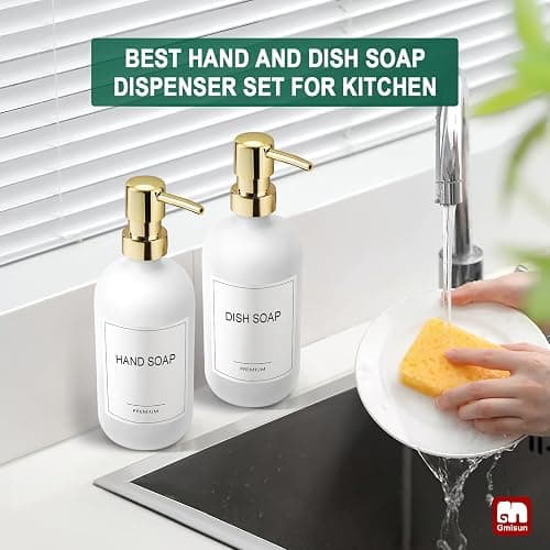 GMISUN White Soap Dispenser, 2 Pack Glass Hand Soap Dispensers Bathroom with Gold Pump, 17 Fl Oz Dish Soap Dispenser Set for Kitchen, Refillable Modern Liquid Soap and Lotion Dispensers Bottle thumbnail 6