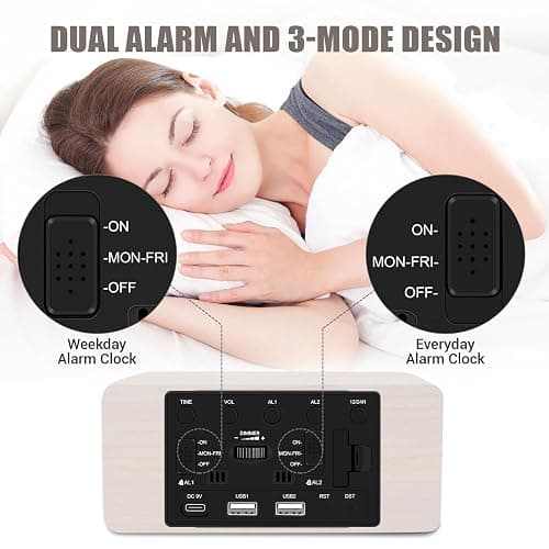 URAYCO Wooden Digital Alarm Clock, 10W Fast Wireless Charger Station & 2 USB Charging Ports, with 0~99% Dimmer, Dual Alarm, Weekday/Weekend Mode, Wood LED Clock for Bedroom, Desk, Office thumbnail 7