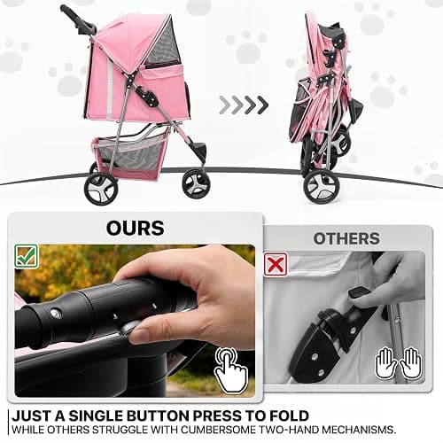 MoNiBloom 3-Wheels Foldable Pet Stroller with Waterproof Cover, Pet Strolling Cart for Small/Medium Dogs and Cats with Storage Basket and Cup Holder, Breathable and Visible Mesh for All-Season, Pink thumbnail 9