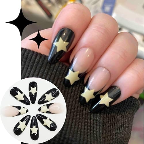 IOSPKKIO® 24 Stück Y2K Künstliche Nägel Lange Falsche Nägel Französische Pentagramm-Acrylnägel für Frauen und Mädchen, Acrylic natürlich Drücken auf den Nägeln thumbnail 4