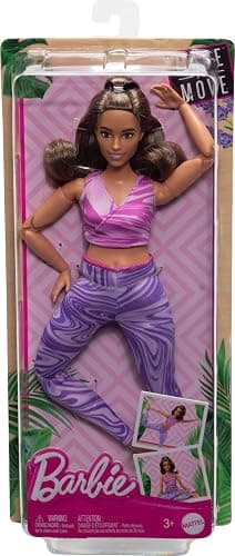 Barbie Made to Move Fashion Doll with Curvy Body & Brunette Hair Wearing Removable Pink Sports Top & Purple Yoga Pants, 22 Bendable “Joints” thumbnail 6