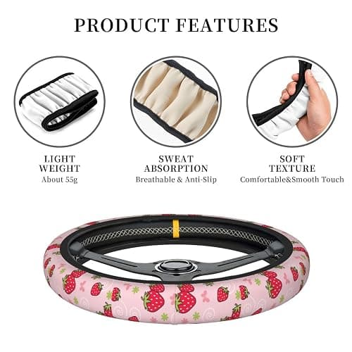Pink Strawberry Steering Wheel Cover for Women, Universal Auto Steering Wheel 14-15 Inch Car Interior Accessories with 2PCS Car Coasters, Suitable for Men and Women thumbnail 2