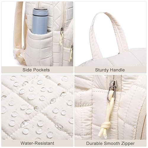 kadilong Laptop Backpack for Women College Travel,Quilted Daypack Bookbag for School Teen Girls Mochilas Mujer,Beige thumbnail 3