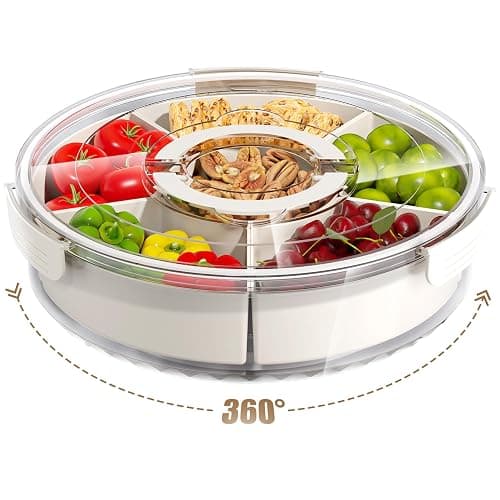Divided Serving Tray with Lid and Handle,Large Snack Spinner,Snackle Box Container, Multi-purpose Food Platter for Charcuterie Veggie Fruit, Taco Tuesday Movie Night Travel Beach Picnic Essentials - White - 11.4" - Image 1