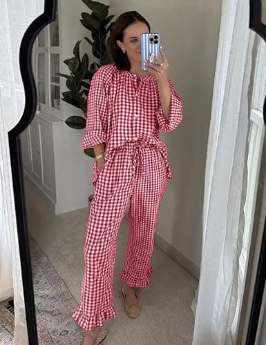 COZYPOIN Womens Plaid 2 Piece Pajamas Sets Cotton Gingham Puff Long Sleeve Babydoll Shirt Ruffle Pants Y2K Pjs Lounge Set thumbnail 6