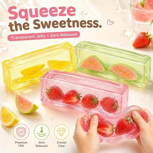 Coconut Oil Strawberry Squishy, Transparent Cute Jelly Squishies, Zero Bounce Back Realistic Sensory Squeeze, Soft Squishy Stress Relief Desk Birthday Gift for Adults thumbnail 2