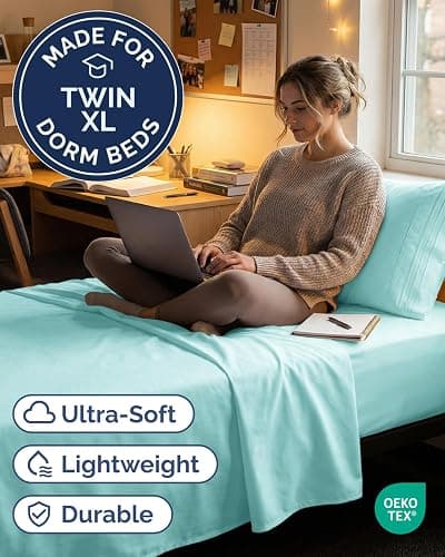 Twin XL 3 Piece Sheet Set - College Dorm Room Essentials - Spa Blue | Deep Pocket Bed Sheets for Women, Men, Teens & Students, Soft, Cooling, Breathable & Wrinkle Free, Oeko-Tex Bed Sheet Set thumbnail 3