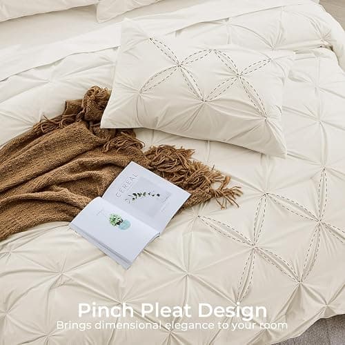 Sasttie Oversized Queen Comforter Set, 7-Piece Bed in a Bag, Pintuck Bedding Sets for All Season, Includes Comforter, Flat Sheet, Fitted Sheet, Pillowcases and Pillowshams, Beige thumbnail 4