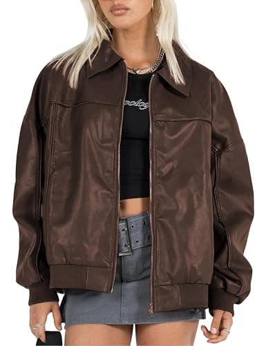 EsheSy Women's Oversized Leather Jacket Faux Suede Boyfriend Motorcycle Full Zip Bomber Jacket - Image 1