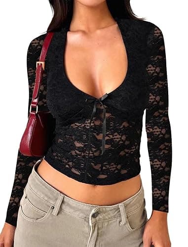 Matunana Womens Long Sleeve Going Out Tops Lace V Neck Mesh Crop Shirts Sexy Cute Y2K Fall Trendy Outfits 2025 thumbnail 5