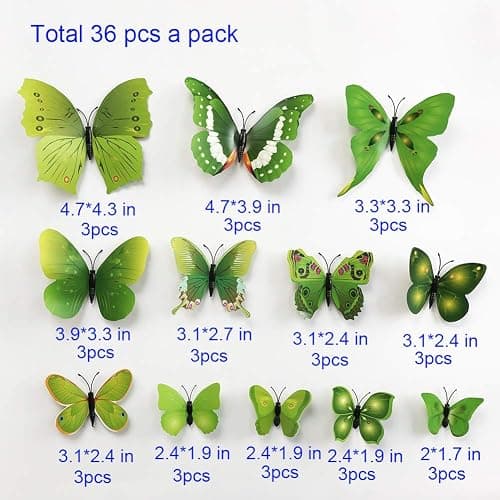 36pcs 3D Colorful Butterfly Wall Stickers DIY Art Decor Crafts for Party Nursery Classroom Offices Kids Girl Boy Baby Bedroom Bathroom Living Room Magnets and Glue Sticker Set1(Green-Single Wing) thumbnail 4