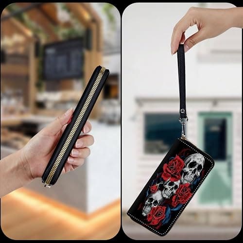 Mxfdegf Wristlet Wallet for Women Teen Girls RFID Blocking Credit Card Holder with Removable Wristlet, Leather Phone Wallet Clutch Large Capacity Ladies Travel Purse-Floral Flower Rose Skull thumbnail 5