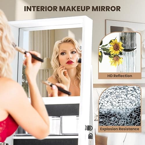 Moccha 2-in-1 Mirrored Jewelry Cabinet, 360 Rotating Free Standing Jewelry Armoire, Lockable Large Capacity Jewelry Organizer w/Full Length Mirror, Inside Makeup Mirror (White) thumbnail 6