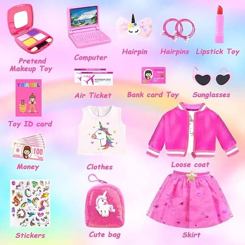 BNUZEIYI 23Pcs 18 Inch Girl Doll Accessories Case Luggage Travel Play Set with Doll Clothes Cute Bag Computer Glasses Pretend Makeup Toy Stickers Doll Stuff Fit 18 inch Doll Christmas Birthday Gift thumbnail 5