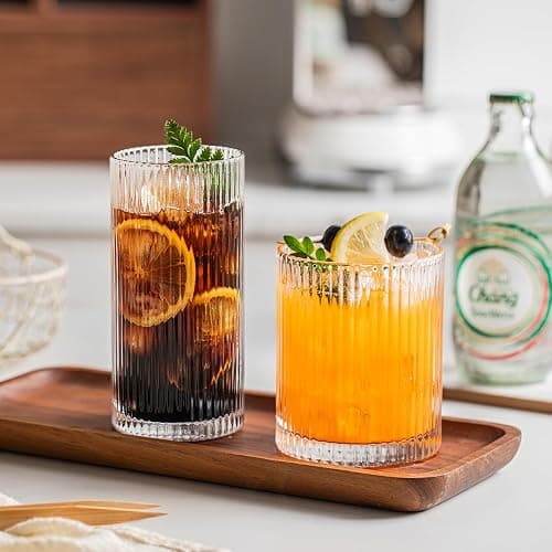INSETLAN Ribbed Glass Tumblers Set of 6-14 oz Vintage Glassware, Clear Drinking Glasses for Wine, Juice, Cocktails, Water, Iced Coffee, Whiskey - Dishwasher Safe, Durable and Elegant thumbnail 5