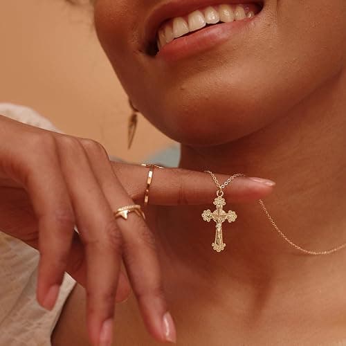 Fettero Cross Necklace Faith Pendant 14K Plated Dainty Chain Minimalist Simple Tiny God Lords Prayer Religious Jewelry thumbnail 2