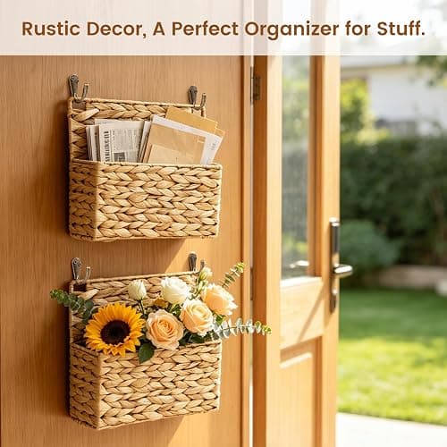 SummitGo 2PCS Woven Mail Holder Wall Mount Basket – Water Hyacinth Magazine Holder Wall Basket, Wicker Mail Organizer Wall Mount for Office, Books, Files, Letters & Entryway Decor, Hooks Included thumbnail 5