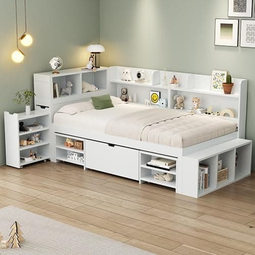 Merax Stylish Single Bed, 3FT Bed Frame with Drawers, Bookcase and Storage Cupboard, Multifunctional Wooden Single Bed Frame with Storage, Children's Bed, Slatted Frame, White, 90x190cm thumbnail 5