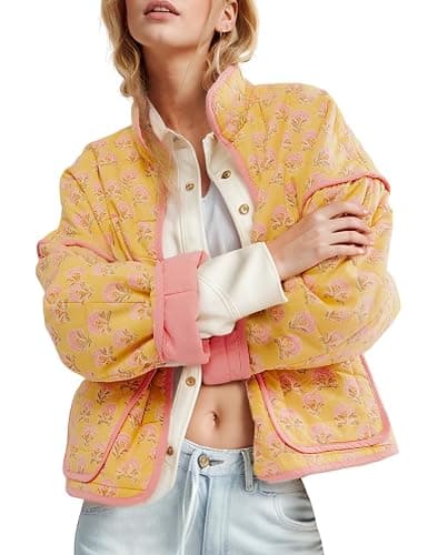 Wyeysyt Women's Cropped Puffer Jacket Lightweight Floral Print Long Sleeve Padded Quilted Puffy Cardigan Coat - Image 1