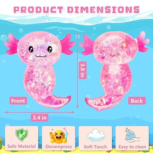2Pcs Cute Axolotl Squishy Stress Ball, Slow Rising Squeeze Toy, Cute Malt Sugar Glitter Axolotl Sensory Fidget Toys for Kids Adults,Birthday Party Favors, Children's Day Gifts thumbnail 2