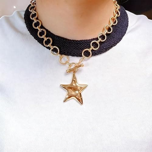 Sora Tuki Chunky Gold Necklace for Women Trendy Big Statement Necklace Large Thick Cuban Link Chain Toggle Necklace with Charm Sun North Star Pendant Necklace Silver Chunky Jewlery thumbnail 6