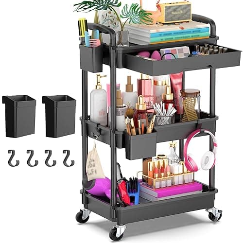 Goovilla 3 Tier Rolling Utility Cart Organizer with Removable Drawer, Stable and Sturdy Black Rolling Storage Carts with 2 Lockable Wheels for Bathroom, Kitchen, Snack, Craft, Makeup, Baby Essentials - Black - 3 Tier