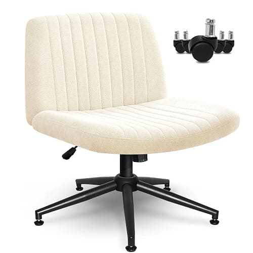 Orange Factory Criss Cross Chair Wheels Wide Cross Legged Office Desk Vanity Dual Base Comfy Fabric Armless Adjustable Swivel for Home Computer Task (Beige) thumbnail 6