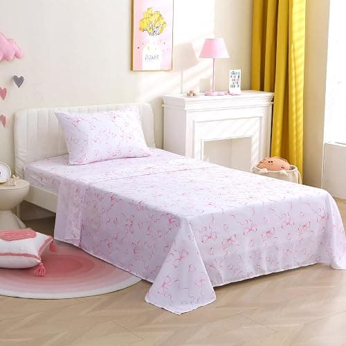 FEKOHIPY Kids Sheet Set Bowknot Pink Twin Size Bedsheet for Girls, 3PCS Bow Printed Microfiber Soft Breathable Children Bedding Easy-Fit 14 Inch Deep Pocket thumbnail 3