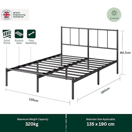 Zinus Justin Double Bed Frame with Headboard - 4ft6 (135 x 190 cm) - 14'' Height - Metal Bed Base with Steel Slat Support - Storage Space Underneath - Modern Design - Easy Assembly - Black thumbnail 2