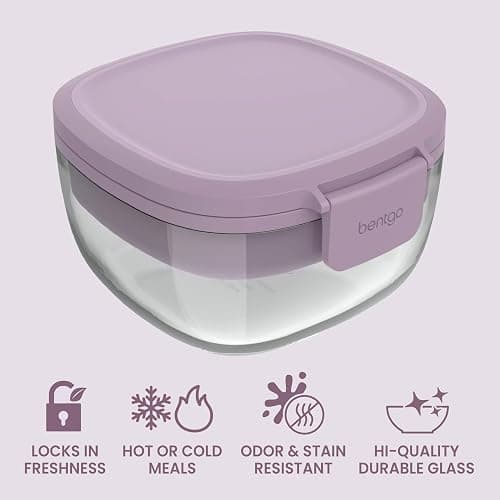 Bentgo Glass Salad Container - 7.6-Cup Salad Bowl with Airtight Lid, Leak-Proof Sauce Container, 4-Compartment Bento Tray & Reusable Fork - BPA-Free for Meal Prep, Office & More (Lavender) thumbnail 4